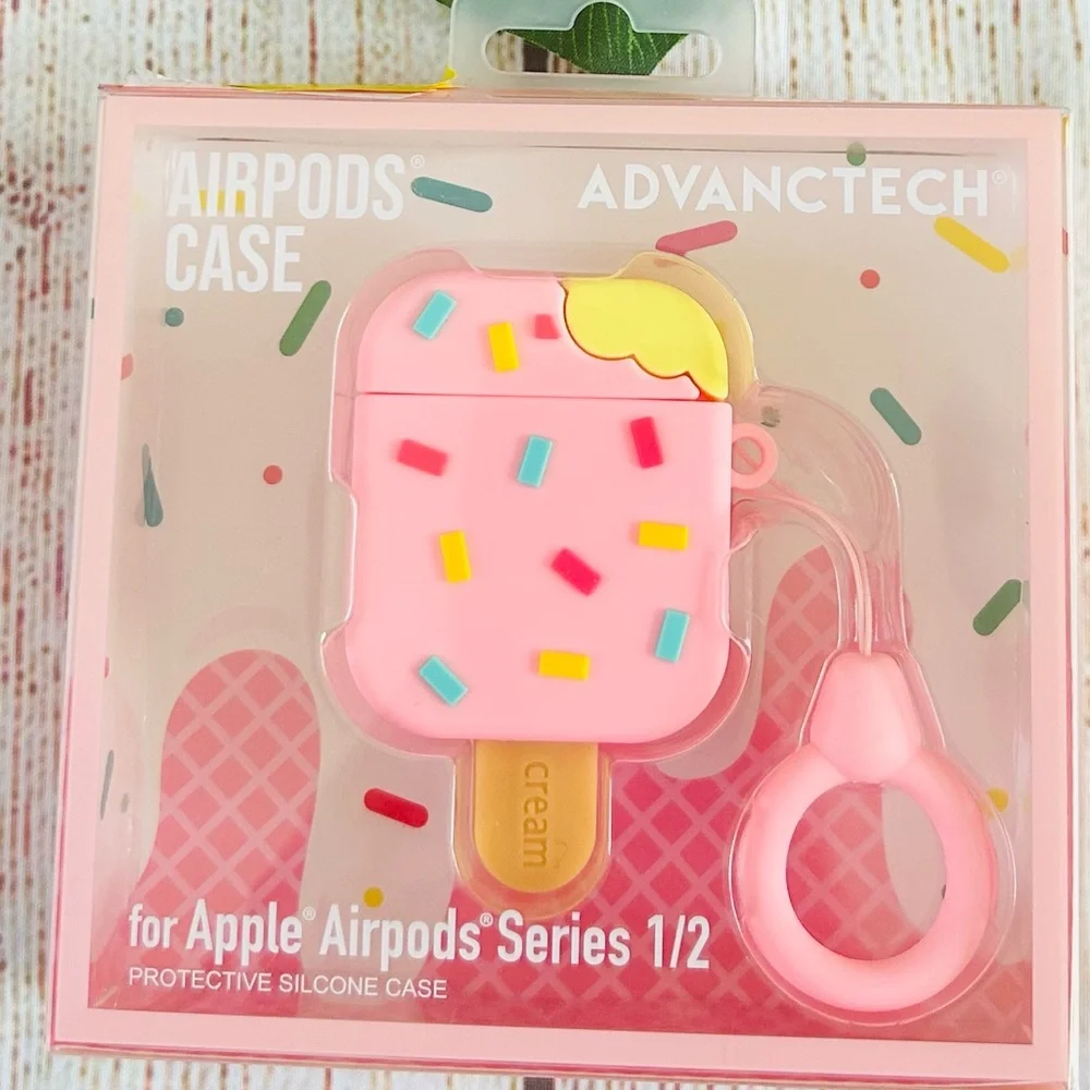 Advanctech Light Pink Ice Cream Apple AirPods 1/2 Silicone Protective Case NIB
